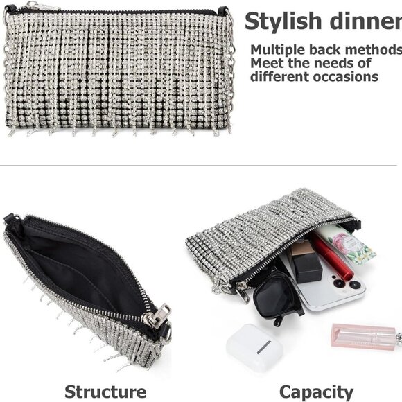 Women Sparkly Rhinestone Purse Tassel Crystal Diamond Crossbody Bag Silver Chain - Picture 5 of 6